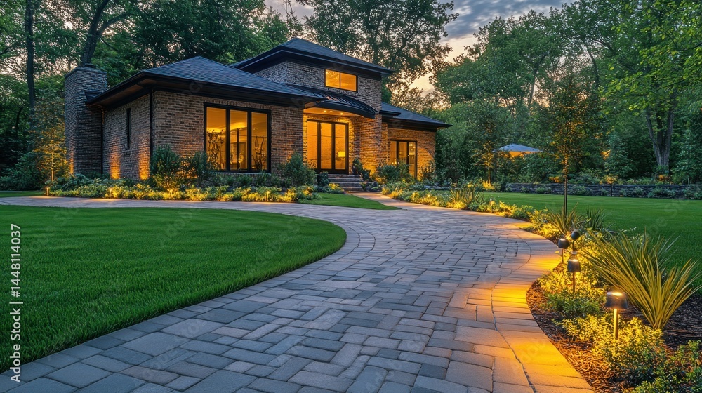 Obraz premium Illuminated Pathway to Modern Brick Home at Dusk