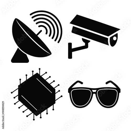 Surveillance and Tech Icons Set – Satellite Dish, CCTV Camera, Microchip, Sunglasses – Spy Equipment Silhouettes for Security and Technology Designs