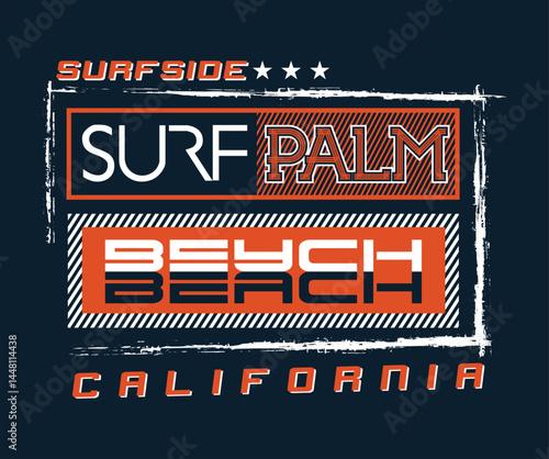 Slogan tipografi vektor dengan tulisan "Selancar Pantai Palm" dalam desain santai dan tropis, menampilkan suasana pantai dengan pohon palem dan gaya selancar yang energik.
