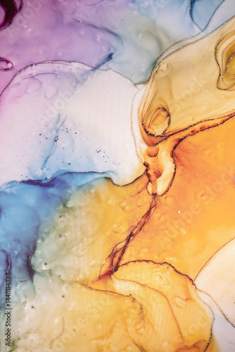 Colorful marble surface in orange, blue and pink tones with glitter effect. Modern abstract stone background.
