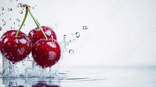 Obraz na płótnie Three ripe cherries splash into clear water, creating dynamic droplets against a soft background w salonie