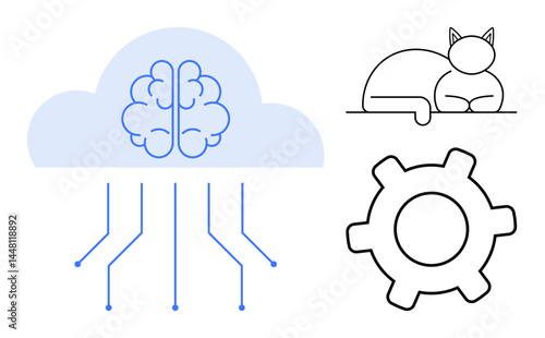 Brain inside cloud with connecting lines, gear icon, and cat outline. Ideal for AI, automation, connections, brainstorming, innovation machine learning creativity. Flat simple metaphor
