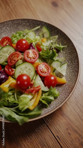 Fresh green salad tomato lettuce healthy lifestyle food vertical video