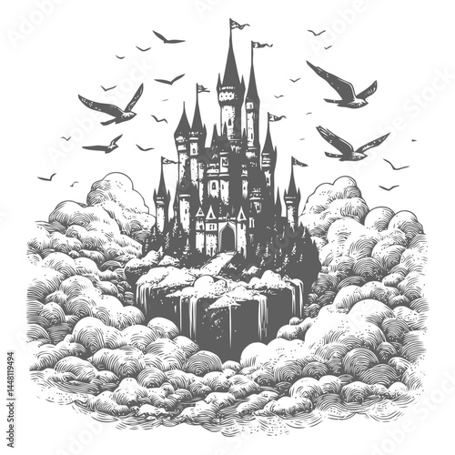 Enchanting artwork of a castle suspended above clouds, representing magic and boundless creativity.
