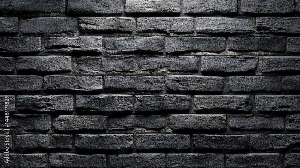 Naklejka premium Dark textured brick wall with dramatic shadows and highlights.