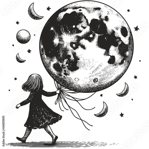 Delightful artwork of a child walking with the moon as a balloon, portraying imagination and serenity.