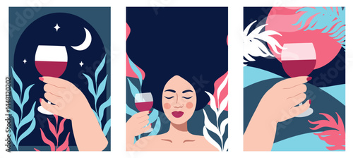 Summer party boho style poster set. Wine tasting concept