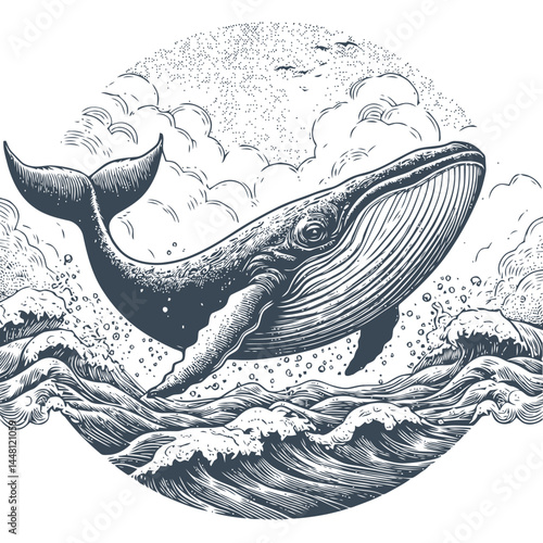 Whimsical artwork of a whale swimming gracefully among clouds, merging oceanic elegance with skybound dreams.