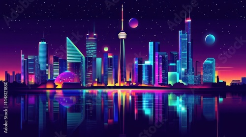 Neon Cityscape Night Reflection Poster