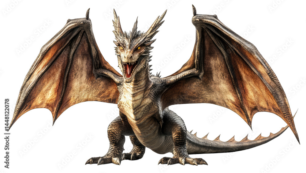 Fototapeta premium A majestic dragon with expansive wings and fierce expression stands proudly. showcasing its intricate scales. set against a mystical landscape with distant mountains and a cloudy sky