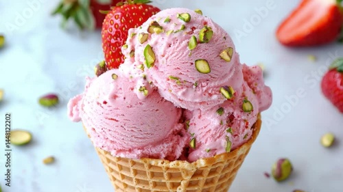Wallpaper Mural Delicious strawberry ice cream scoops in waffle cone with pistachio toppings and fresh strawberries on a marble table Torontodigital.ca