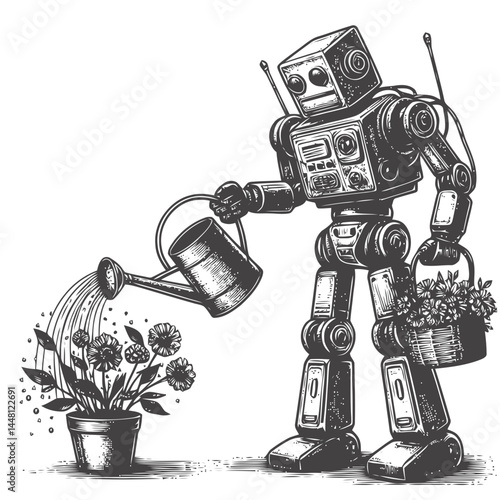 Delightful artwork of a robot caring for flowers, blending technological precision with natural beauty.