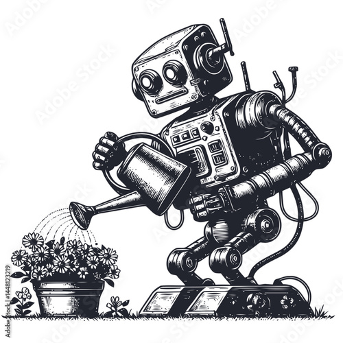 Captivating illustration of a robot tending to flowers, symbolizing environmental care and technological progress.