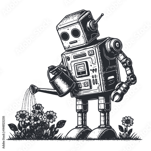 Magical image of a robot watering flowers, highlighting a futuristic blend of nature and innovation.