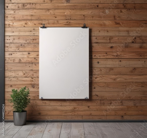 Wooden wall, metal clips, blank poster mockup, background, space, illustration