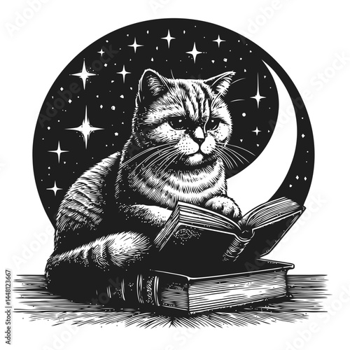 Delightful artwork of a curious cat immersed in a book under moonlight, creating a cozy nocturnal atmosphere.