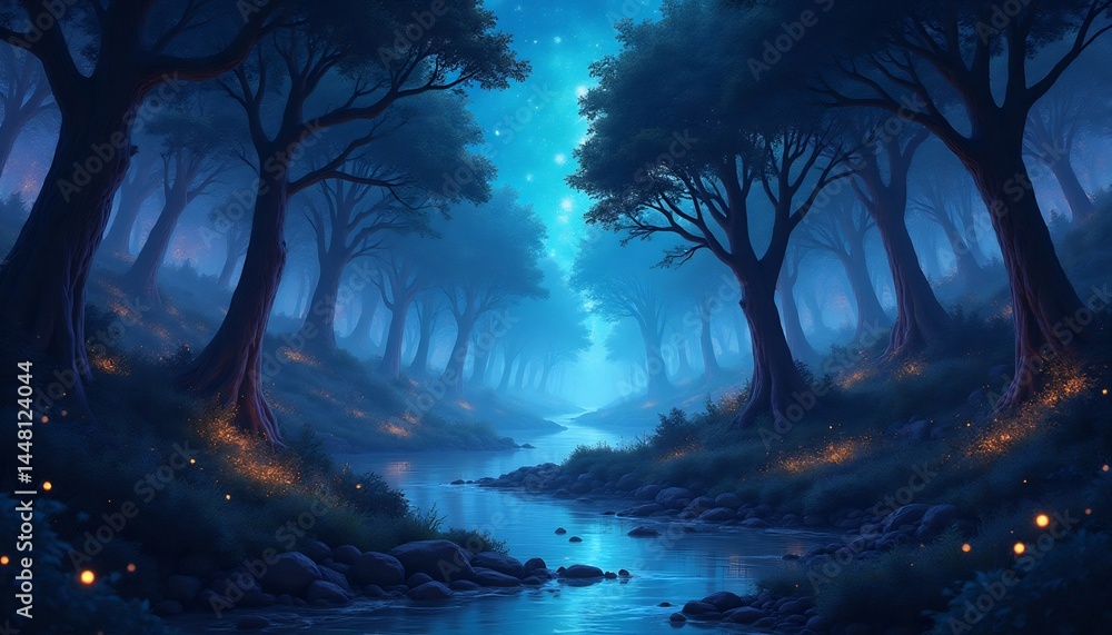 Enchanted Forest Stream: A surreal illustration of an ethereal stream winding through a mystical forest, reflecting a starlit night sky in the water, casting an enchanting glow. Enchanted Forest Stream: A surreal illustration of an ethereal stream winding through a mystical forest, reflecting a starlit night sky in the water, casting an enchanting glow.