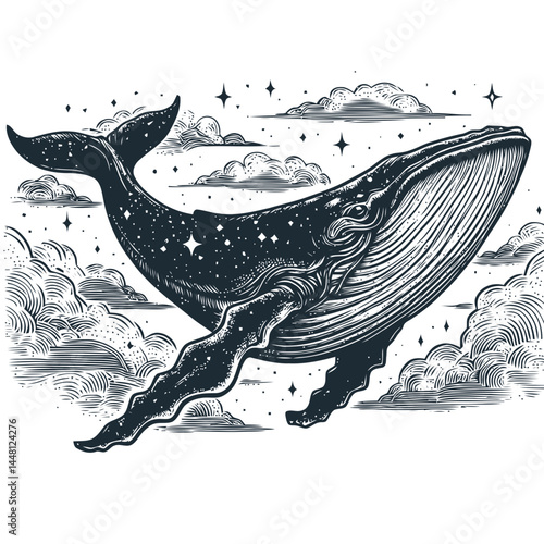 Serene artwork of a whale swimming through a peaceful sky, evoking tranquility and artistic inspiration.