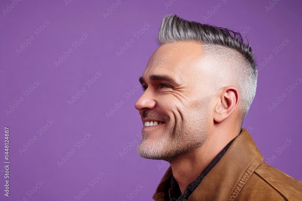 Purple solid background. Fashionable men's high fade haircut - midlife white man with hair. A strong and graceful male displaying confidence. Visual idea of style for aging men.