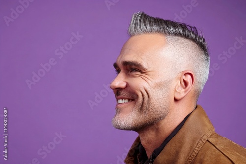 Obraz na płótnie Purple solid background. Fashionable men's high fade haircut - midlife white man with hair. A strong and graceful male displaying confidence. Visual idea of style for aging men. w salonie