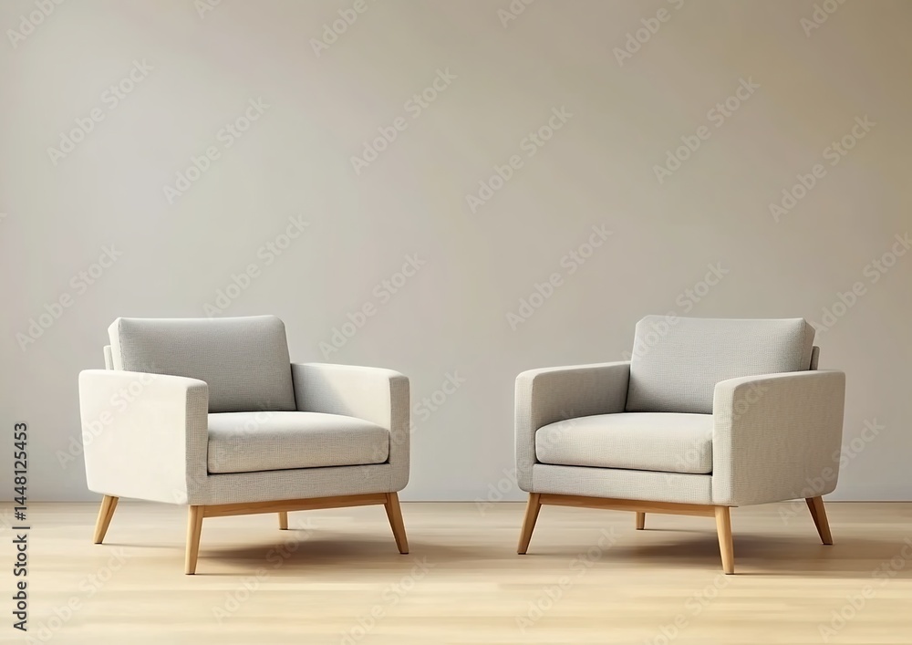 Fototapeta premium Light-beige armchairs on wooden floor with matching walls in minimalist interior.