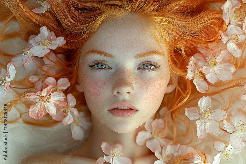 Attractive caucasian young woman surrounded by cherry blossoms. Spring mood, golden hour in sunset. Commercial promotion creative concept art. Bright spring fashion with woman and flowers.
