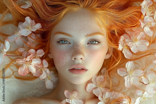 Obraz na płótnie Attractive caucasian young woman surrounded by cherry blossoms. Spring mood, golden hour in sunset. Commercial promotion creative concept art. Bright spring fashion with woman and flowers. w salonie