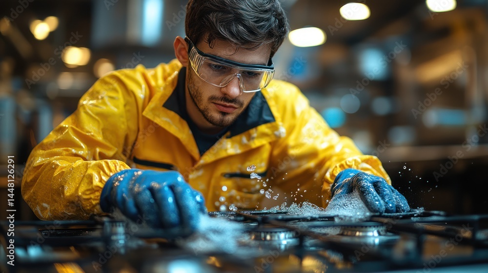 Man cleans a stovetop wearing safety glasses and gloves in a kitchen. Man cleans a stovetop wearing safety glasses and gloves in a kitchen.