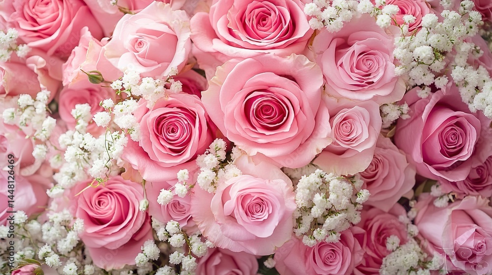 Collage of pink roses and white baby's breath on pink background. Collage of pink roses and white baby's breath on pink background.