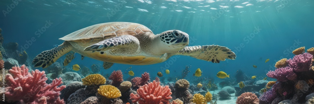 Fototapeta premium Green sea turtle explores a colorful coral reef in a crystal-clear ocean , ocean life, blue