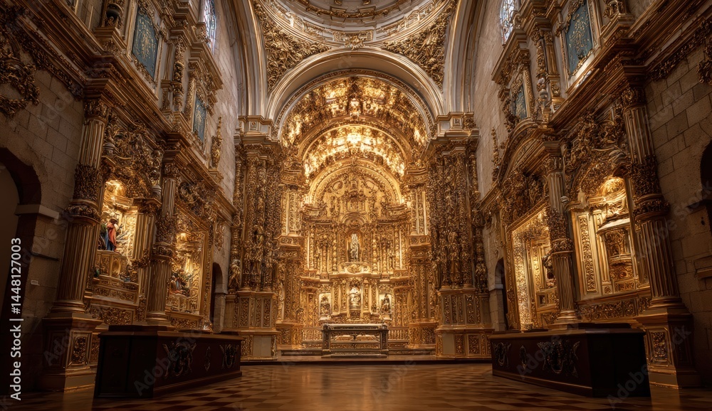 Fototapeta premium Stunning baroque church interior with ornate gold detailing and intricate architectural design.