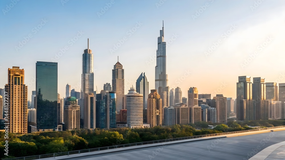 Fototapeta premium Modern skyscrapers and skyline view from rooftop in morning light. Urban architecture and business concept. Design for banner, poster, wallpaper
