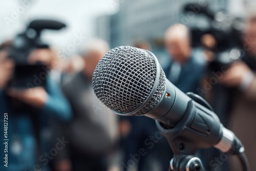 Mic in focus amid hazy camera crew and reporters at press event