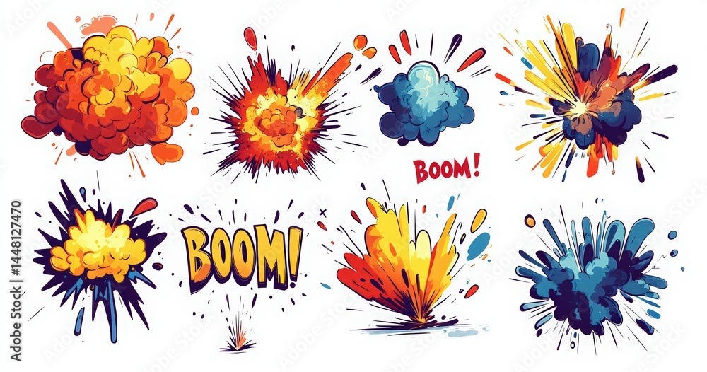 Obraz premium Cartoon comic explosions fire smoke set vector