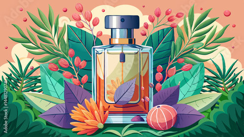 A transparent bottle of expensive women's perfume. Trendy concept of natural materials. Natural cosmetic