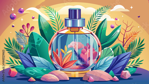 A transparent bottle of expensive women's perfume. Trendy concept of natural materials. Natural cosmetic