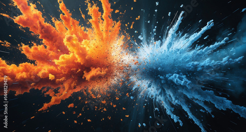 Wallpaper Mural Dynamic collision of orange and blue powder or paint explosion against a dark backdrop, creating a vibrant contrast. Torontodigital.ca