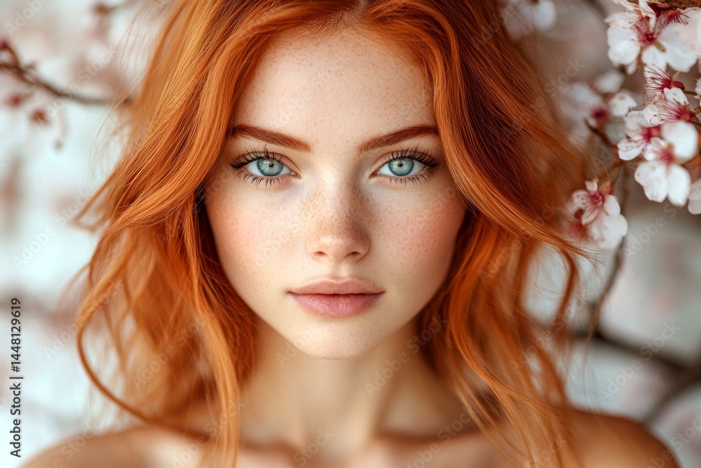 Stunning caucasian young woman surrounded by cherry blossoms. Commercial digital ads creative. Spring mood, dark night and warm mystic light - complementary lighting.
