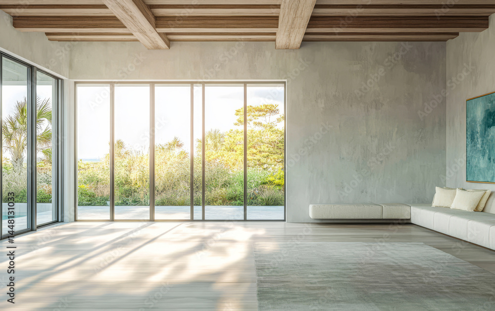 Fototapeta premium Modern interior with large windows offering natural light in a serene setting