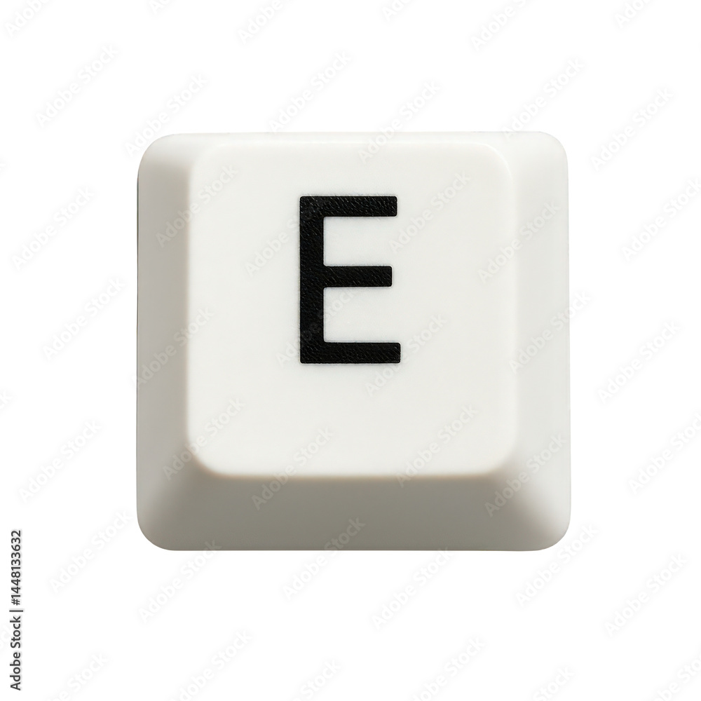Clean, close-up photograph of a single white plastic keyboard key displaying the uppercase letter E. Clean, close-up photograph of a single white plastic keyboard key displaying the uppercase letter E.