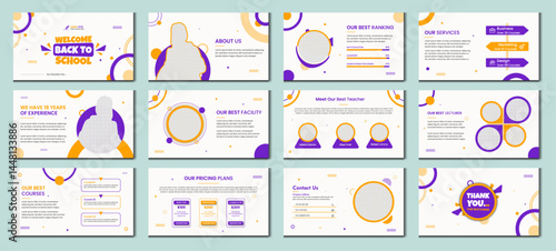 Education Design School PowerPoint presentation slide template. Utilize a contemporary background for a keynote presentation, brochure design, website slider, landing page, or annual report.