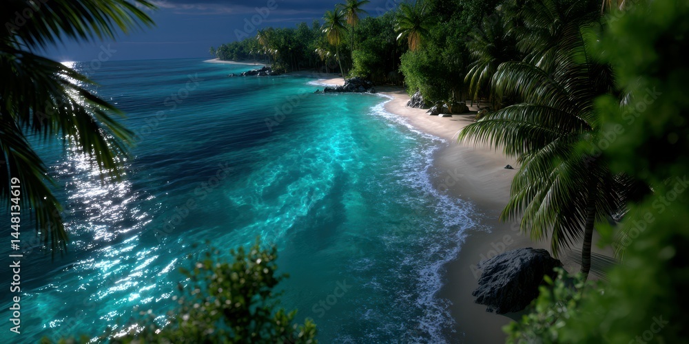 Tropical beach with turquoise water and lush palm trees under a dramatic sky at dusk near a serene coastline Tropical beach with turquoise water and lush palm trees under a dramatic sky at dusk near a serene coastline