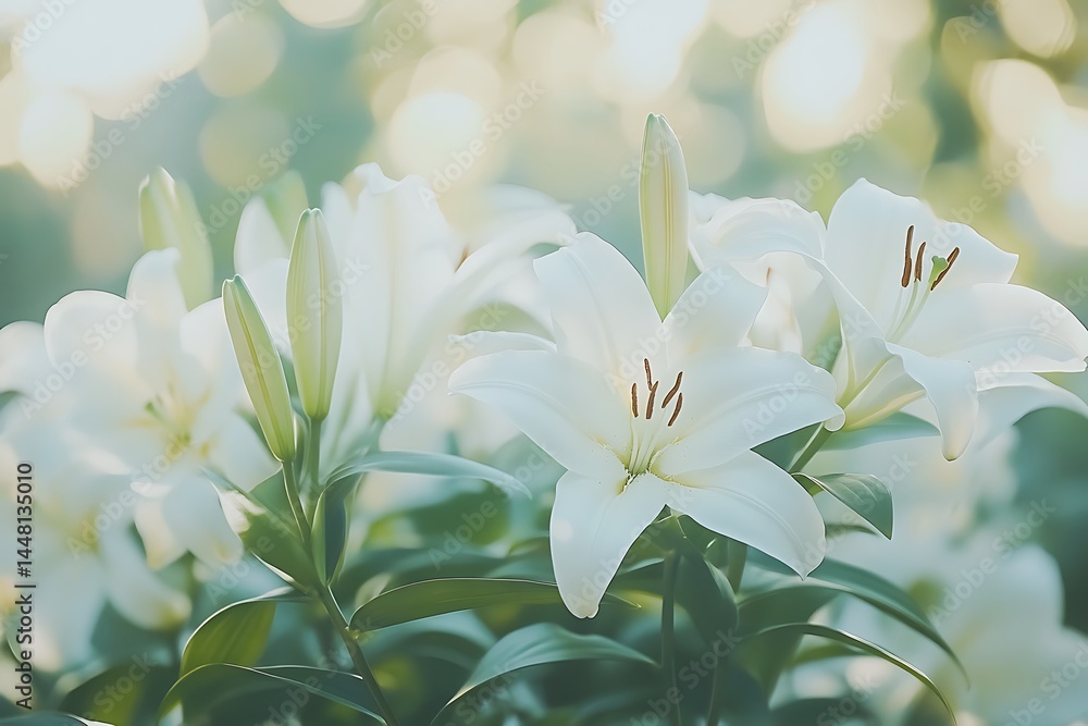 Fototapeta premium White lilies with their green stems stand out in a sundrenched natural background