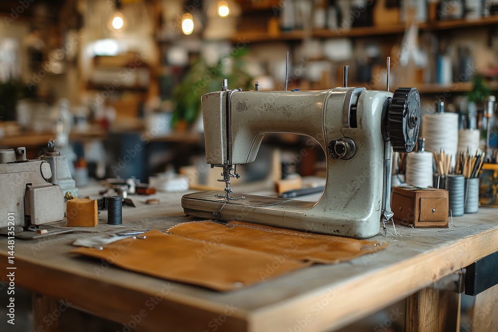 Fototapeta premium showcasing various tools and materials used for clothing and shoe repair.