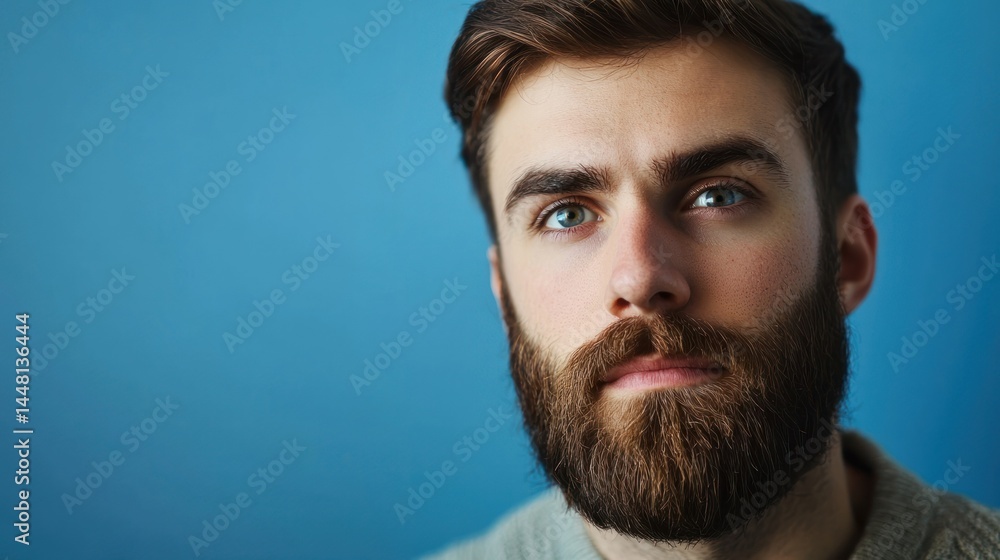 Fototapeta premium A man with a beard and mustache, wearing a gray sweater, standing against a blue background.