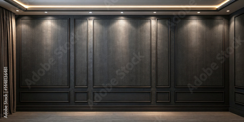 Dark charcoal wall with subtle fabric texture and recessed lighting creating high fidelity modern interior space with elegant panel design and wooden floor