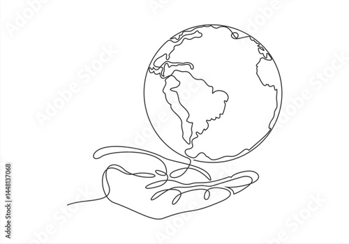 One continuous line drawing of hand holding Earth globe. World environment day poster in simple linear style. Protect and save planet concept in editable stroke.