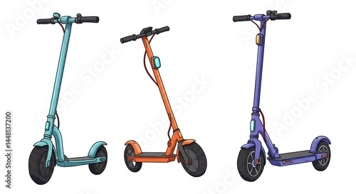 Three Electric Scooters Illustration Colorful Design