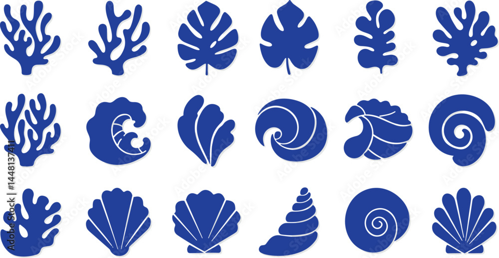 Vector shapes in simple floral wavy and groovy naive style, ocean and vacation theme, flowers and plants, Vector shapes in simple floral wavy and groovy naive style, ocean and vacation theme, flowers and plants,
