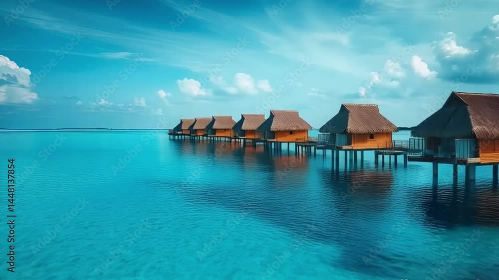 Tropical overwater bungalows on tranquil ocean. Tropical overwater bungalows on tranquil ocean.